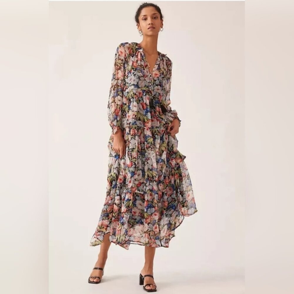 ANTHROPOLOGIE Marais‎ Chiffon Tiered Maxi Floral Boho Cottage Ruffle Dress Sz S